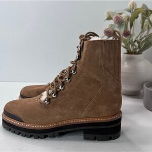 Marc Fisher Izzie Lugsole Combat Ankle Boot Tan Shearling Accents Women's 6M
